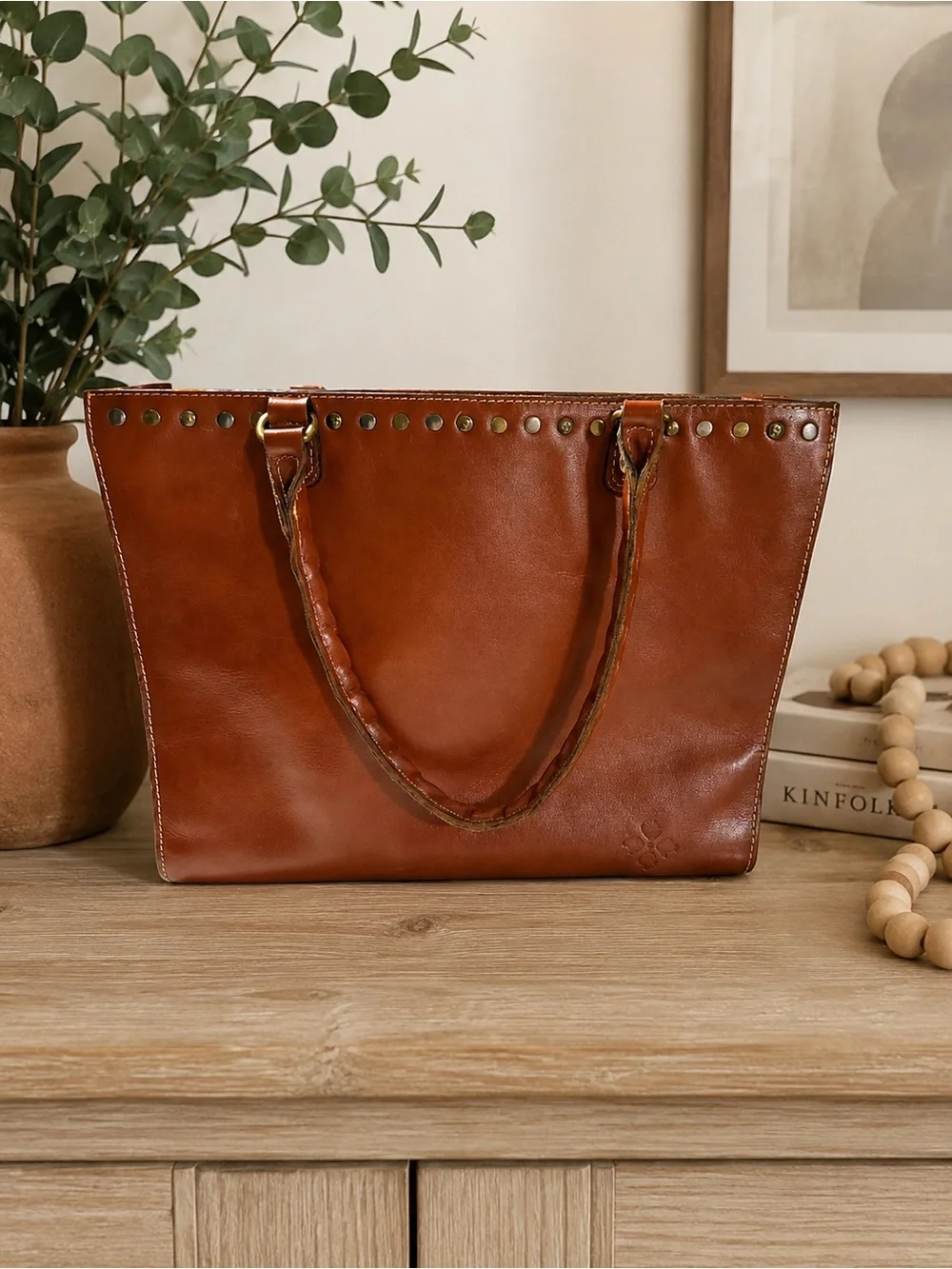 Patricia Nash Chestnut Brown Leather Shoulder Tote with Stud Trim